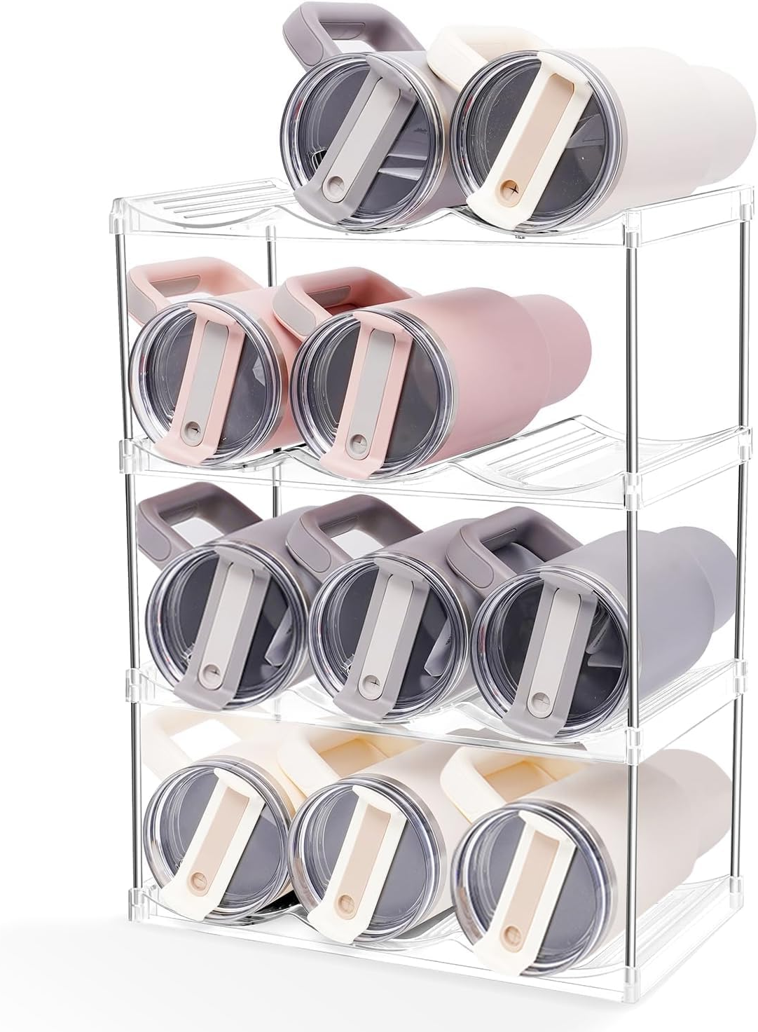 4-Tier Stackable Water Bottle Organizer Rack – Space-Saving Holder for 40 oz Tumblers, Large Cups & Bottles – Perfect for Kitchen Cabinets, Countertops, Pantry, or Wine Storage