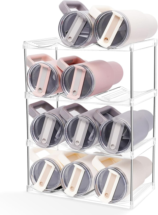 4-Tier Stackable Water Bottle Organizer Rack – Space-Saving Holder for 40 oz Tumblers, Large Cups & Bottles – Perfect for Kitchen Cabinets, Countertops, Pantry, or Wine Storage