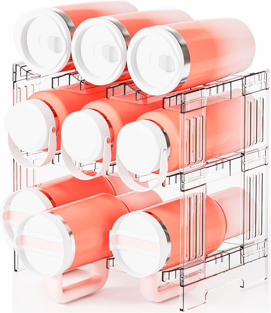 3-Tier Stackable Water Bottle Organizer Rack for Cabinet or Countertop – Large Compartment Fits 40 oz Tumblers, Yeti Cups & Travel Mugs – Clear Acrylic Bottle Holder Storage