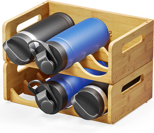 Bamboo Water Bottle Organizer Rack with Labels – 2-Pack 3-Slot Storage Shelf for Kitchen, Pantry, or Cabinet – Holds Up to 6 Bottles, Cups, or Wine Bottles