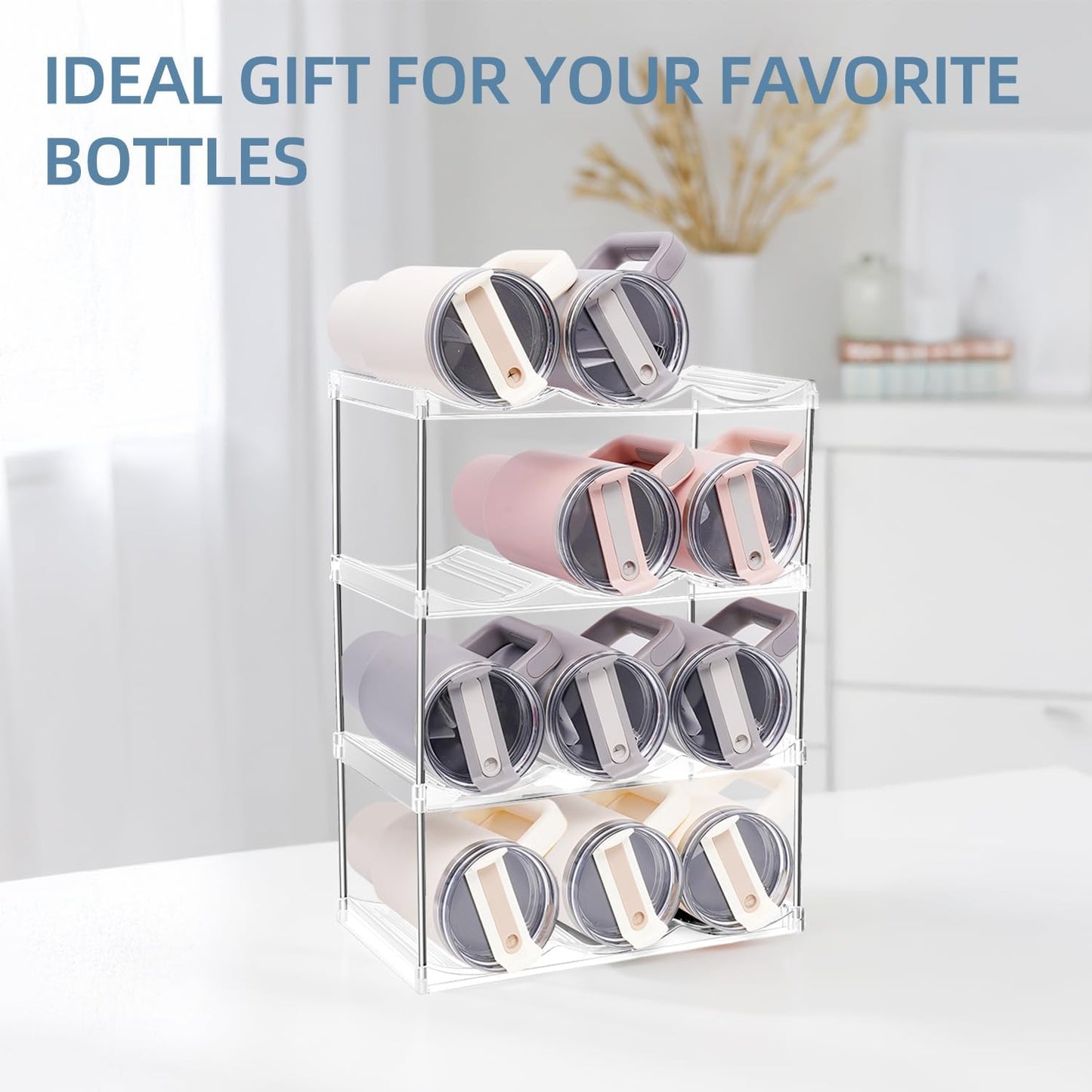 4-Tier Stackable Water Bottle Organizer Rack – Space-Saving Holder for 40 oz Tumblers, Large Cups & Bottles – Perfect for Kitchen Cabinets, Countertops, Pantry, or Wine Storage
