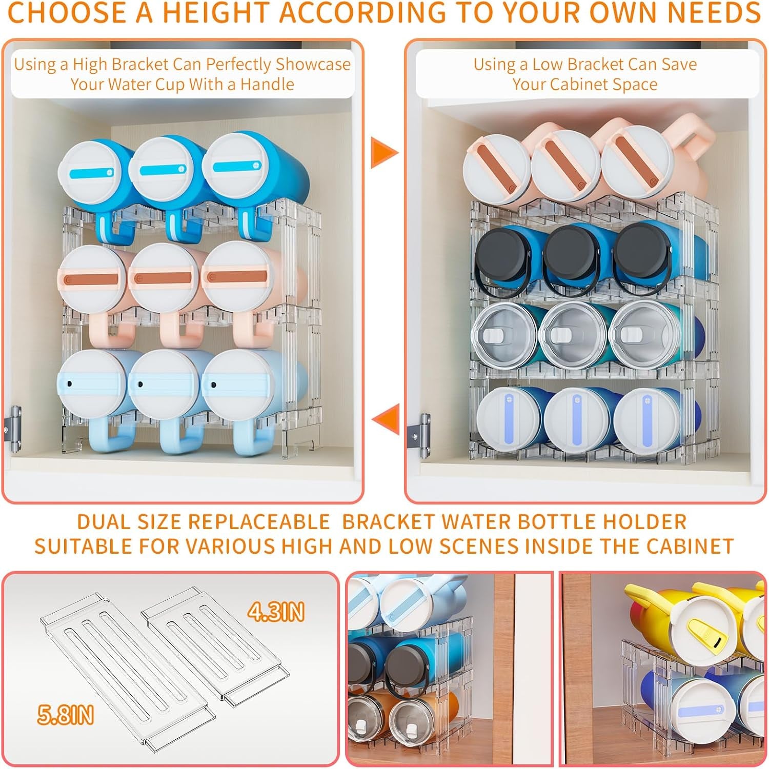 3-Tier Stackable Water Bottle Organizer Rack for Cabinet or Countertop – Large Compartment Fits 40 oz Tumblers, Yeti Cups & Travel Mugs – Clear Acrylic Bottle Holder Storage
