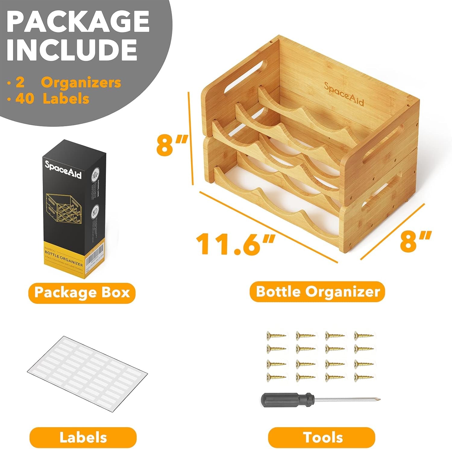 Bamboo Water Bottle Organizer Rack with Labels – 2-Pack 3-Slot Storage Shelf for Kitchen, Pantry, or Cabinet – Holds Up to 6 Bottles, Cups, or Wine Bottles