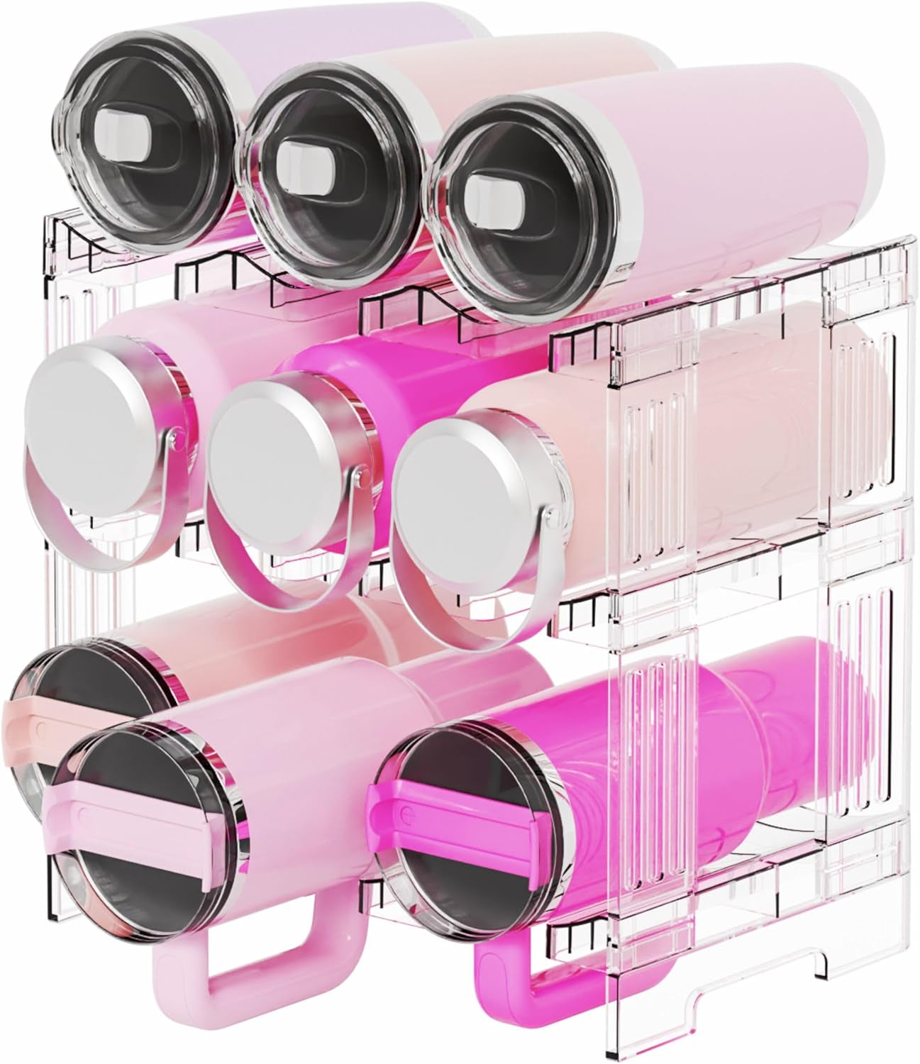 3-Tier Stackable Water Bottle Organizer Rack for Cabinet or Countertop – Large Compartment Fits 40 oz Tumblers, Yeti Cups & Travel Mugs – Clear Acrylic Bottle Holder Storage