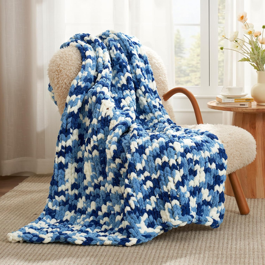 Chunky Knit Chenille Throw Blanket for Couch – Soft Crochet Sofa Blanket, 50" x 60", Space-Dyed Blue