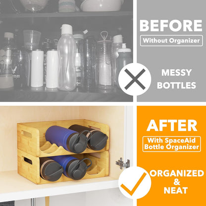 Bamboo Water Bottle Organizer Rack with Labels – 2-Pack 3-Slot Storage Shelf for Kitchen, Pantry, or Cabinet – Holds Up to 6 Bottles, Cups, or Wine Bottles
