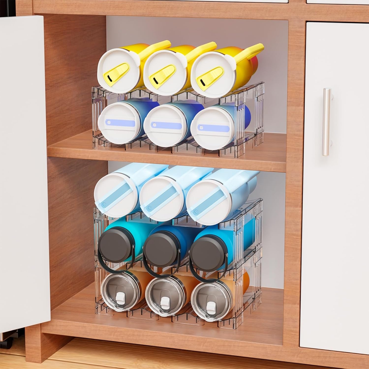 3-Tier Stackable Water Bottle Organizer Rack for Cabinet or Countertop – Large Compartment Fits 40 oz Tumblers, Yeti Cups & Travel Mugs – Clear Acrylic Bottle Holder Storage