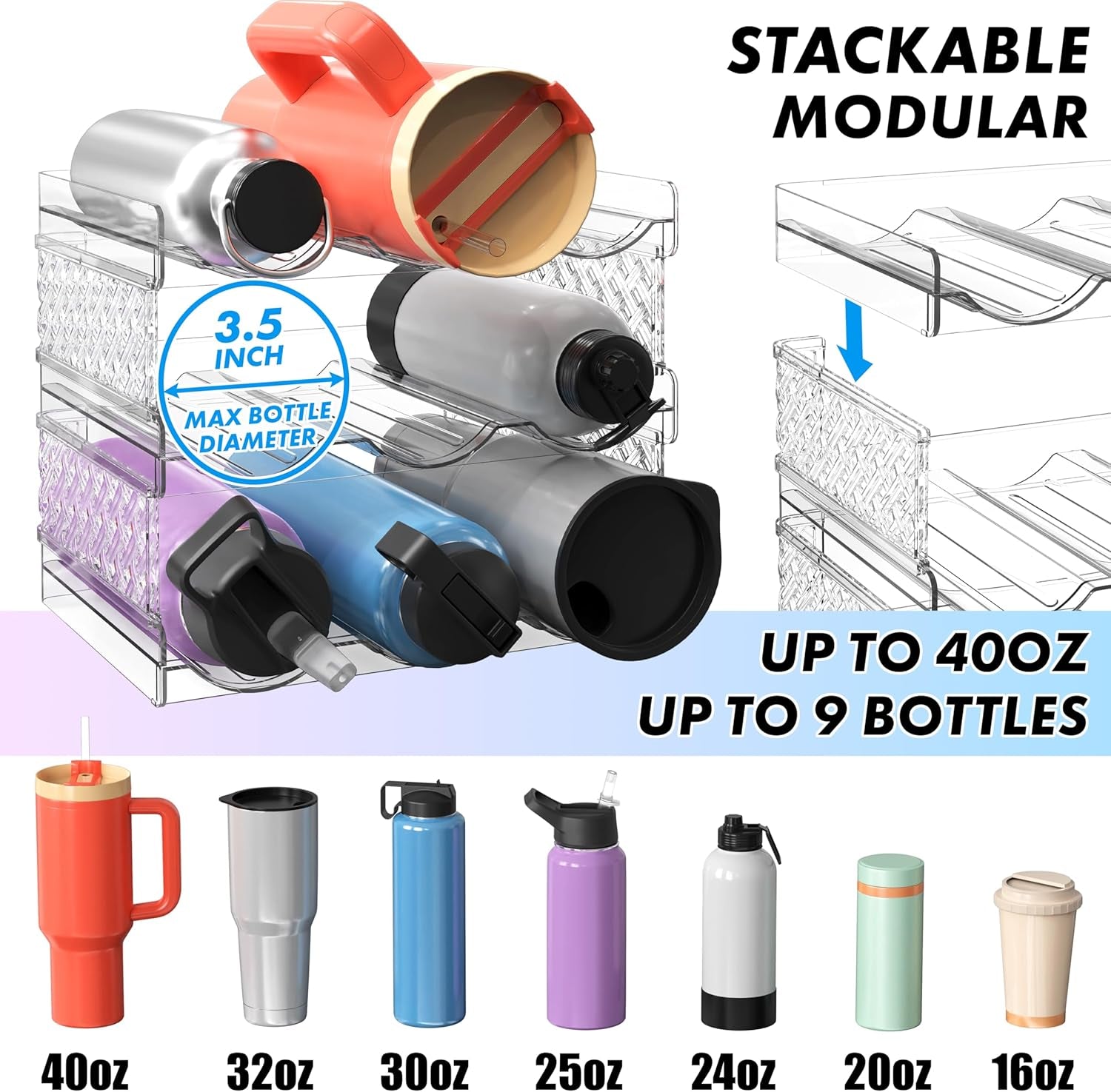 3-Tier Stackable Water Bottle Organizer Rack – Clear Space-Saving Holder for Kitchen, Pantry, or Refrigerator – Fits 40 oz Tumblers, Cups & Bottles