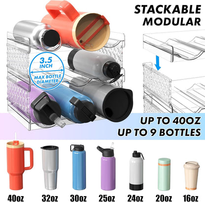 3-Tier Stackable Water Bottle Organizer Rack – Clear Space-Saving Holder for Kitchen, Pantry, or Refrigerator – Fits 40 oz Tumblers, Cups & Bottles