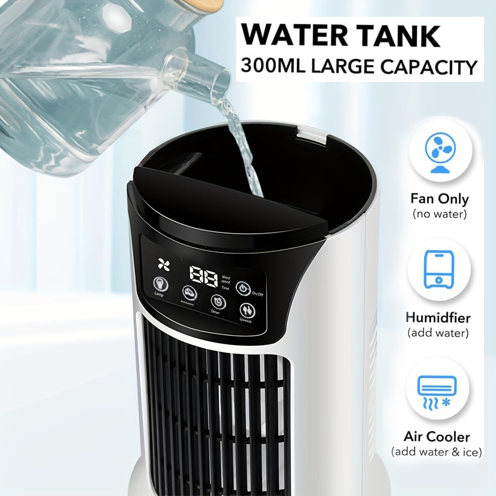 Portable 3-in-1 Air Conditioner Fan with Humidifier & Atmosphere Light – USB Mini Cooler for Home, Office & Travel