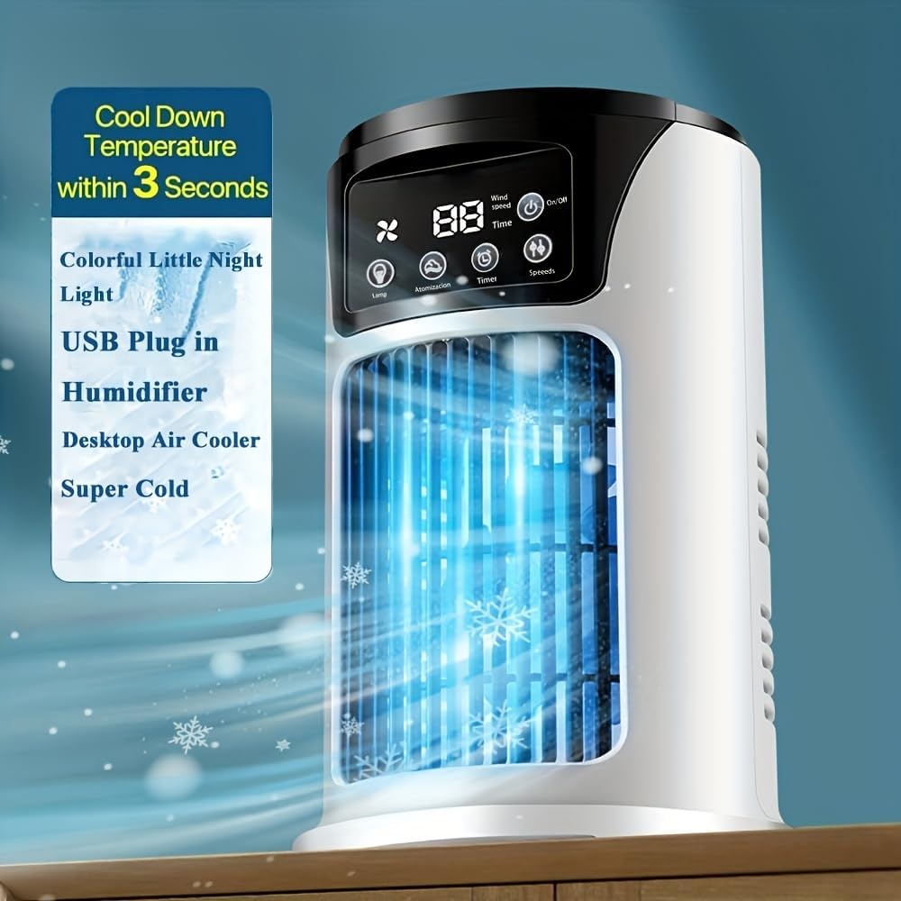 Portable 3-in-1 Air Conditioner Fan with Humidifier & Atmosphere Light – USB Mini Cooler for Home, Office & Travel