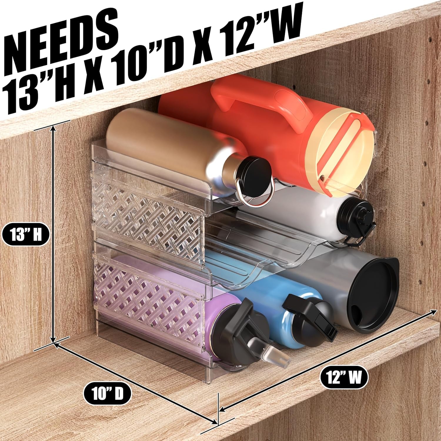 3-Tier Stackable Water Bottle Organizer Rack – Clear Space-Saving Holder for Kitchen, Pantry, or Refrigerator – Fits 40 oz Tumblers, Cups & Bottles