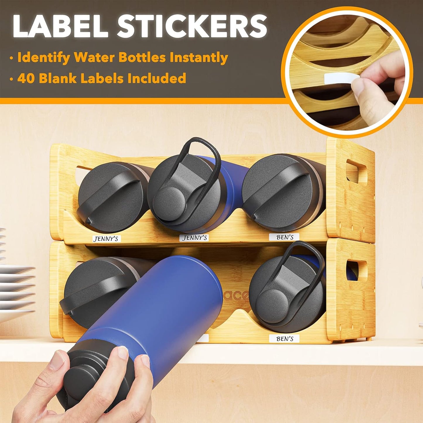 Bamboo Water Bottle Organizer Rack with Labels – 2-Pack 3-Slot Storage Shelf for Kitchen, Pantry, or Cabinet – Holds Up to 6 Bottles, Cups, or Wine Bottles