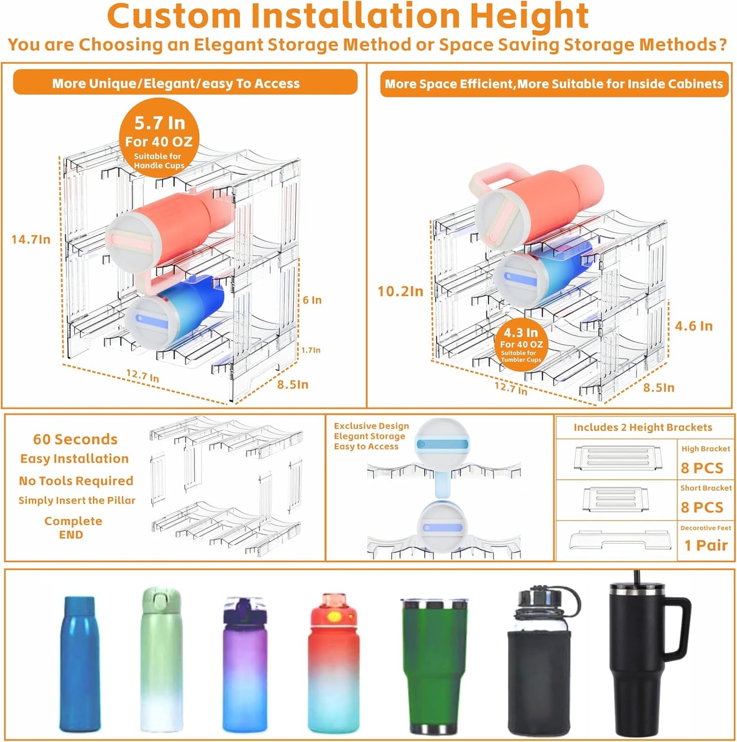 3-Tier Stackable Water Bottle Organizer Rack for Cabinet or Countertop – Large Compartment Fits 40 oz Tumblers, Yeti Cups & Travel Mugs – Clear Acrylic Bottle Holder Storage
