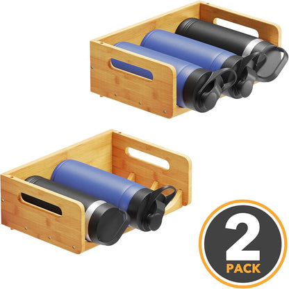 Bamboo Water Bottle Organizer Rack with Labels – 2-Pack 3-Slot Storage Shelf for Kitchen, Pantry, or Cabinet – Holds Up to 6 Bottles, Cups, or Wine Bottles