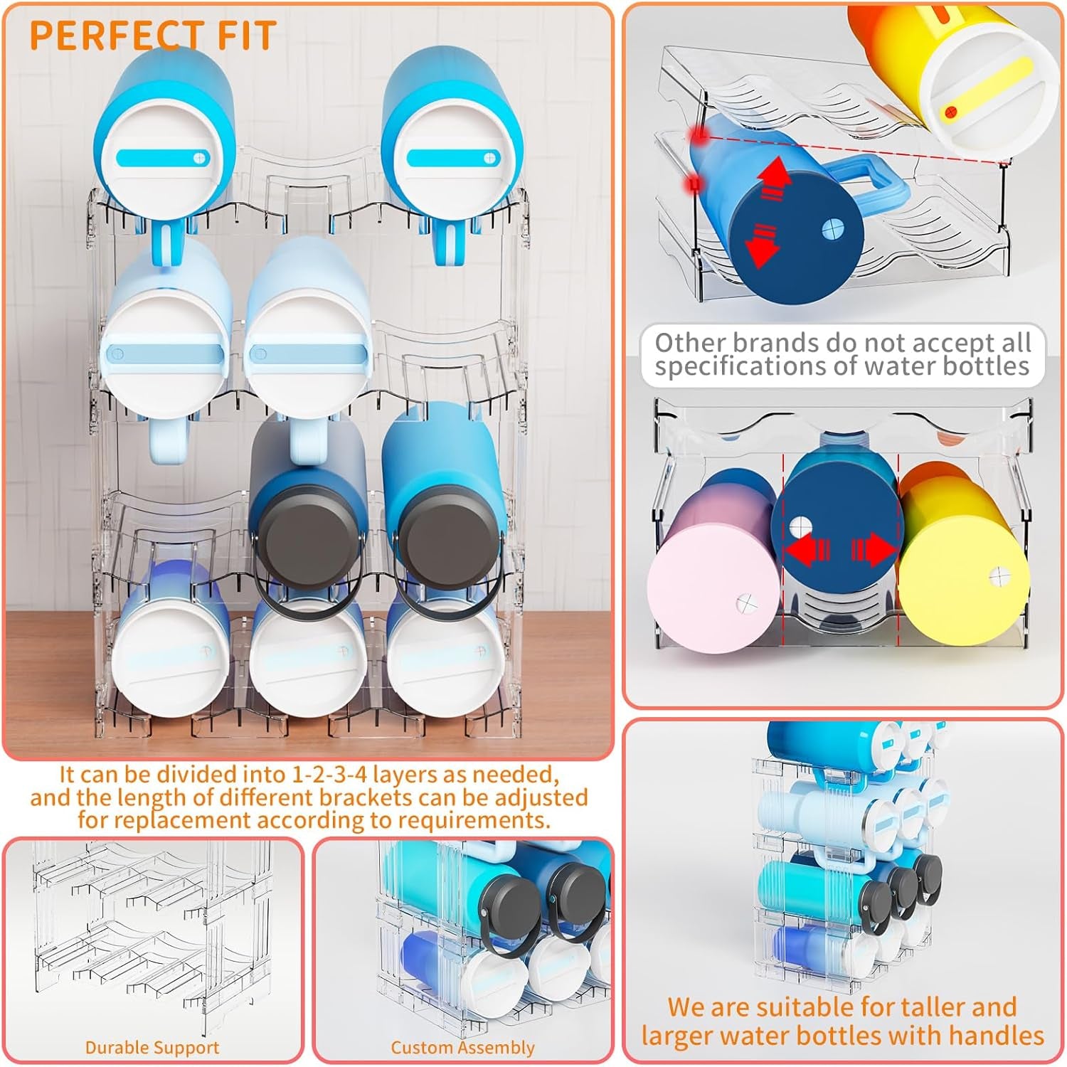 3-Tier Stackable Water Bottle Organizer Rack for Cabinet or Countertop – Large Compartment Fits 40 oz Tumblers, Yeti Cups & Travel Mugs – Clear Acrylic Bottle Holder Storage